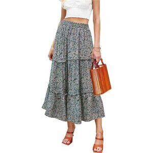 Women's Floral Midi Skirts Elastic High Waist A-Line Swing Skirts